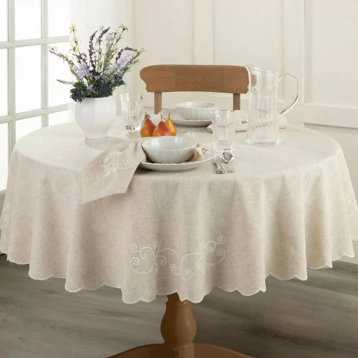 French Perle Linen Embroidered 70x70 Round Tablecloth