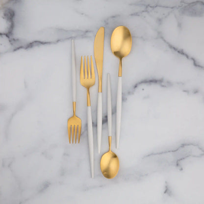 Mazzy Gold Satin White Pom Handle 20-Piece Flatware Set
