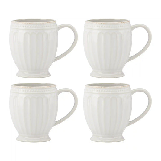 French Perle Groove White Mugs, Set of 4