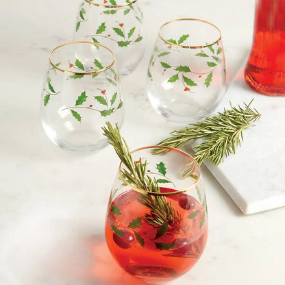 Holiday Stemless Wine Glasses, Set of 4