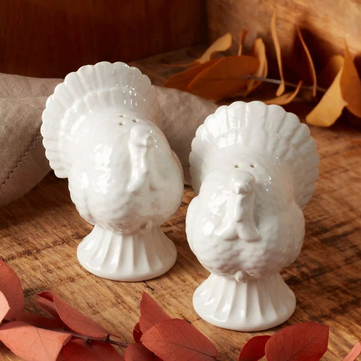 French Perle White Carved Turkey Salt & Pepper Set