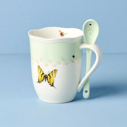 Butterfly Meadow Green Mugs with Spoons, Set of 2