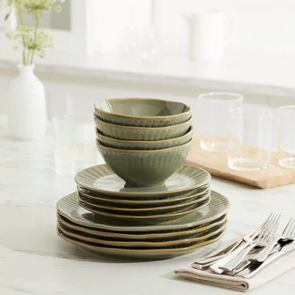 Artisanal Stripe Green 12-Piece Dinnerware Set