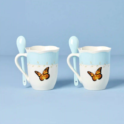 Butterfly Meadow Blue Mugs with Spoons, Set of 2