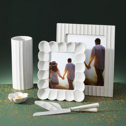 French Perle Scallop White Cylinder Vase
