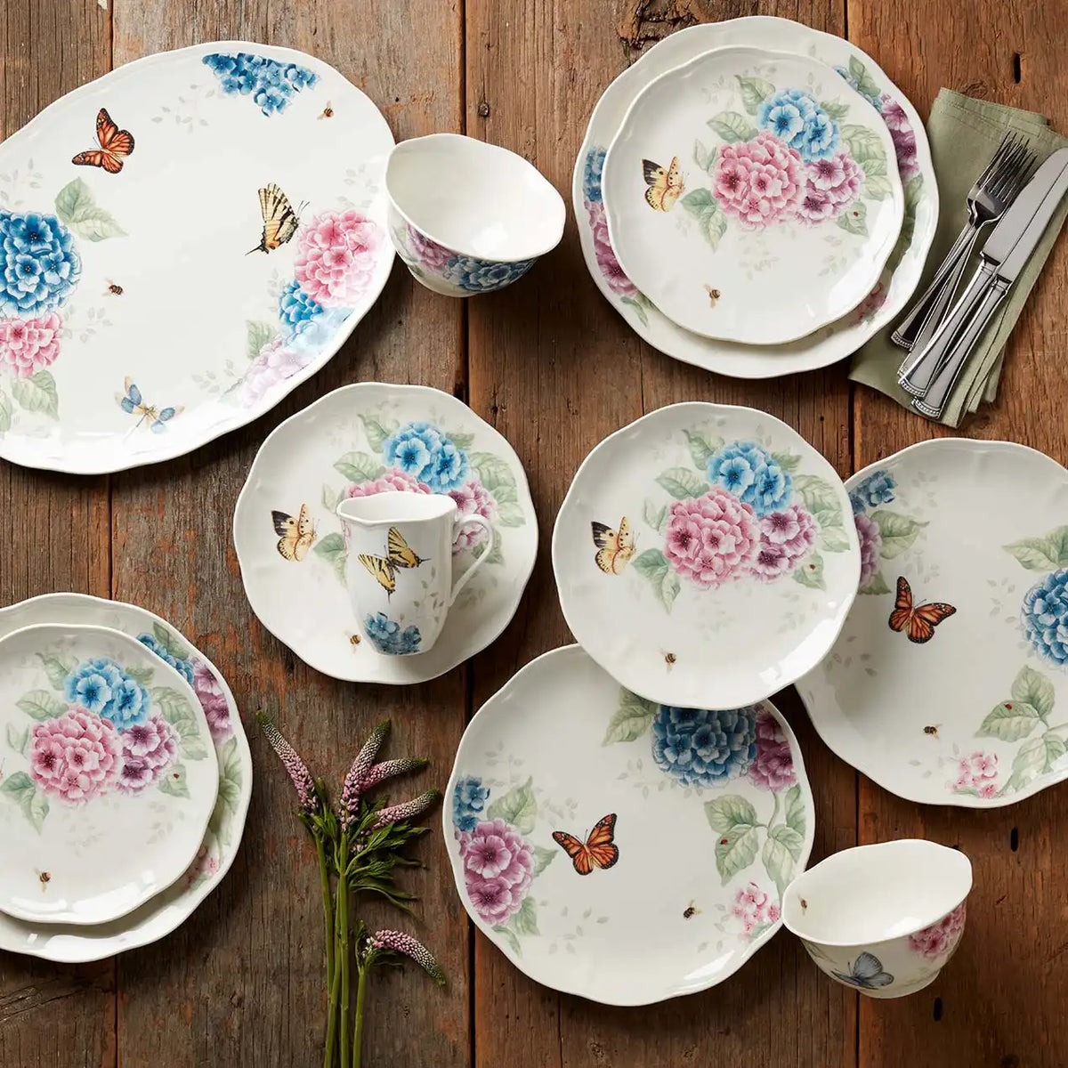 Butterfly Meadow Hydrangea 12-Piece Dinnerware Set