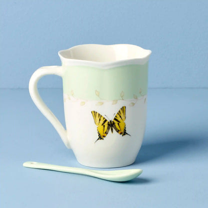 Butterfly Meadow Green Mugs with Spoons, Set of 2