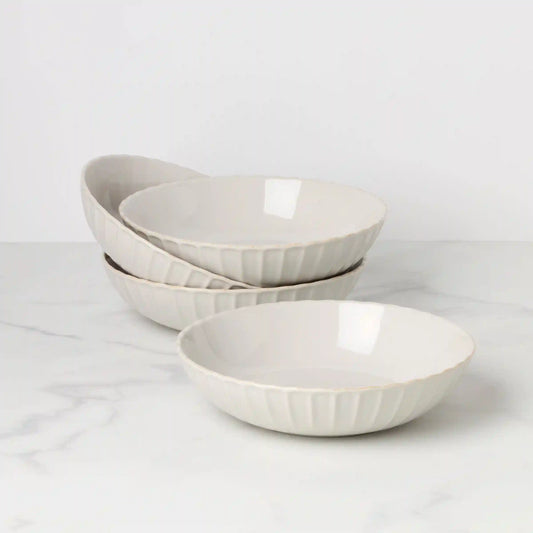 French Perle Scallop White Pasta Bowls, Set of 4