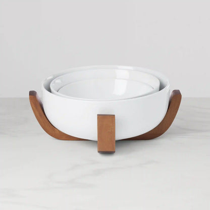 24 Seven White 3-Piece Nesting Bowl Set with Wood Stand