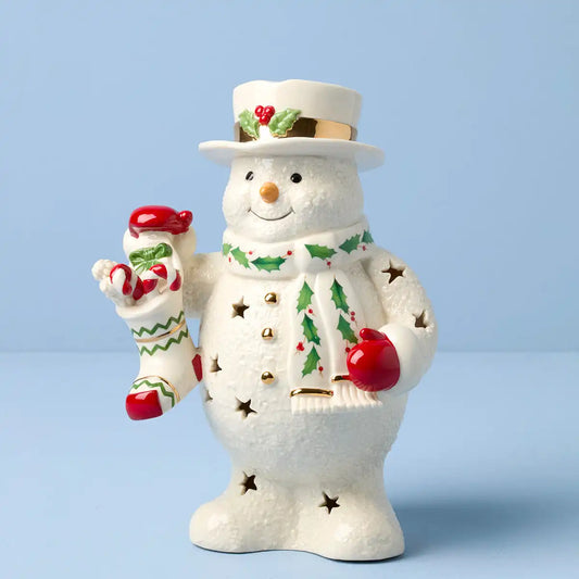 Happy Holly Days Snowman With Stocking Lit Figurine