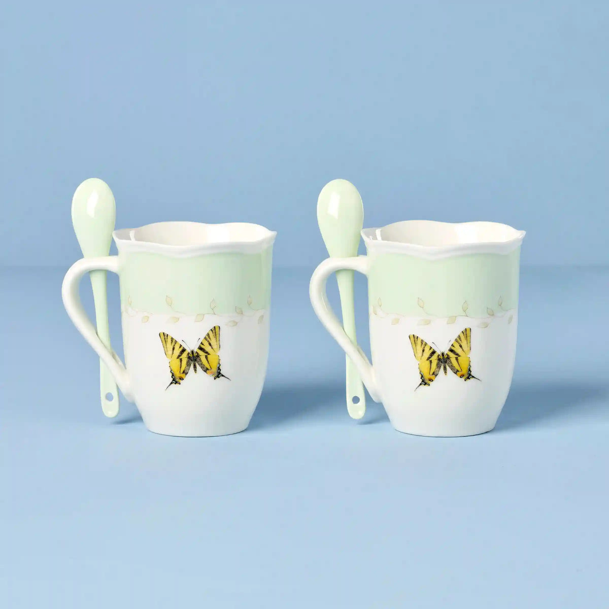 Butterfly Meadow Green Mugs with Spoons, Set of 2