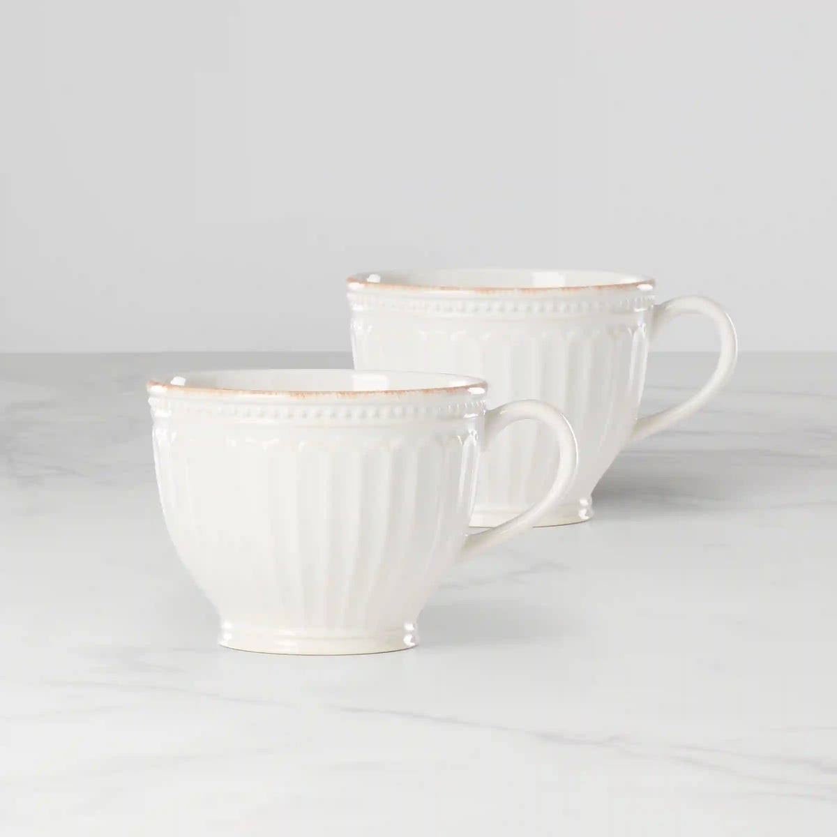 French Perle Groove White Latte Mugs, Set of 2