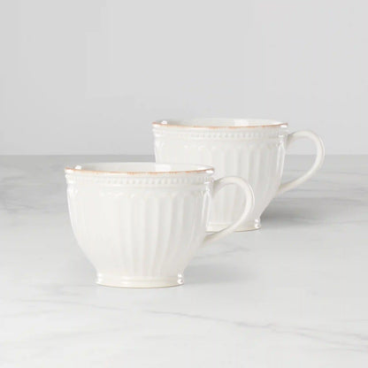 French Perle Groove White Latte Mugs, Set of 2