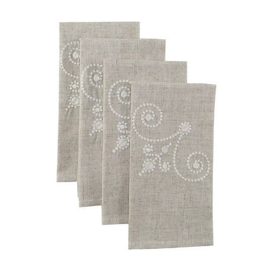 French Perle Linen Embroidered Dinner Napkins, Set of 4