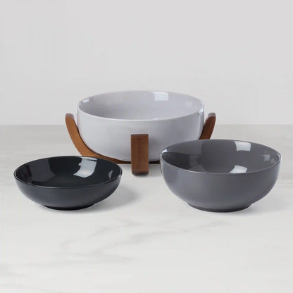 24 Seven Pumice 3-Piece Nesting Bowl Set with Wood Stand