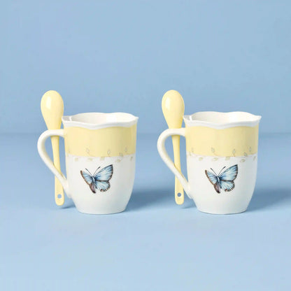 Butterfly Meadow Yellow Mugs with Spoons, Set of 2