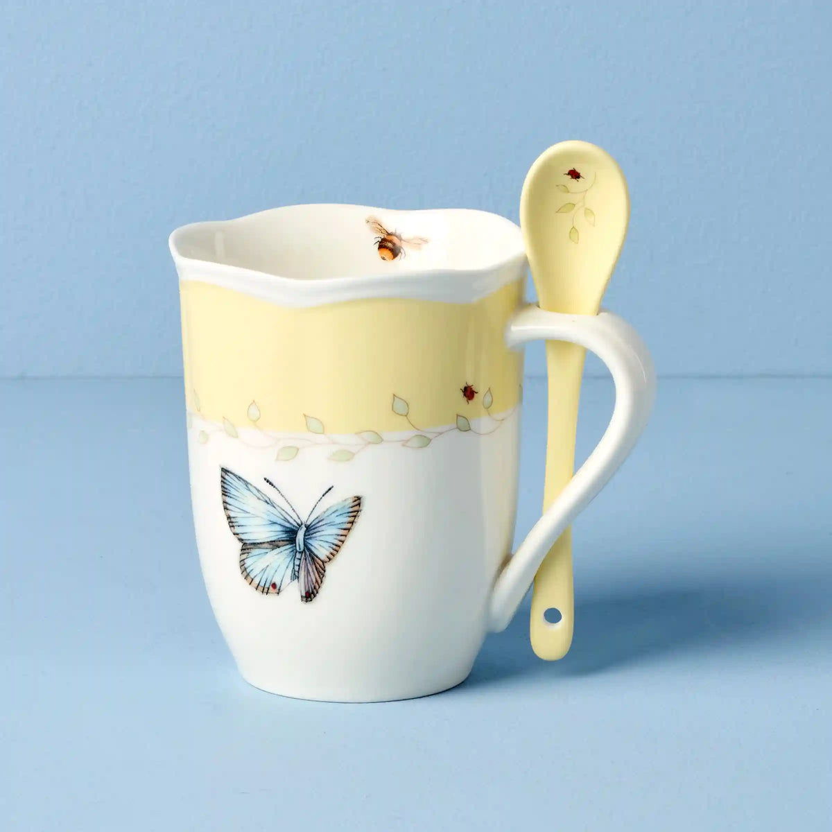 Butterfly Meadow Yellow Mugs with Spoons, Set of 2