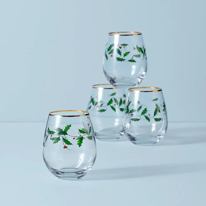 Holiday Stemless Wine Glasses, Set of 4