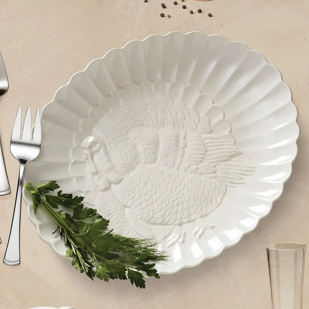 French Perle White Carved Turkey Platter