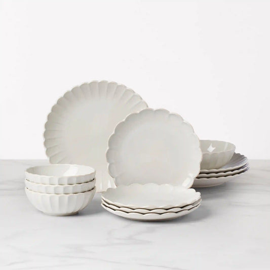 French Perle Scallop White 12-Piece Dinnerware Set