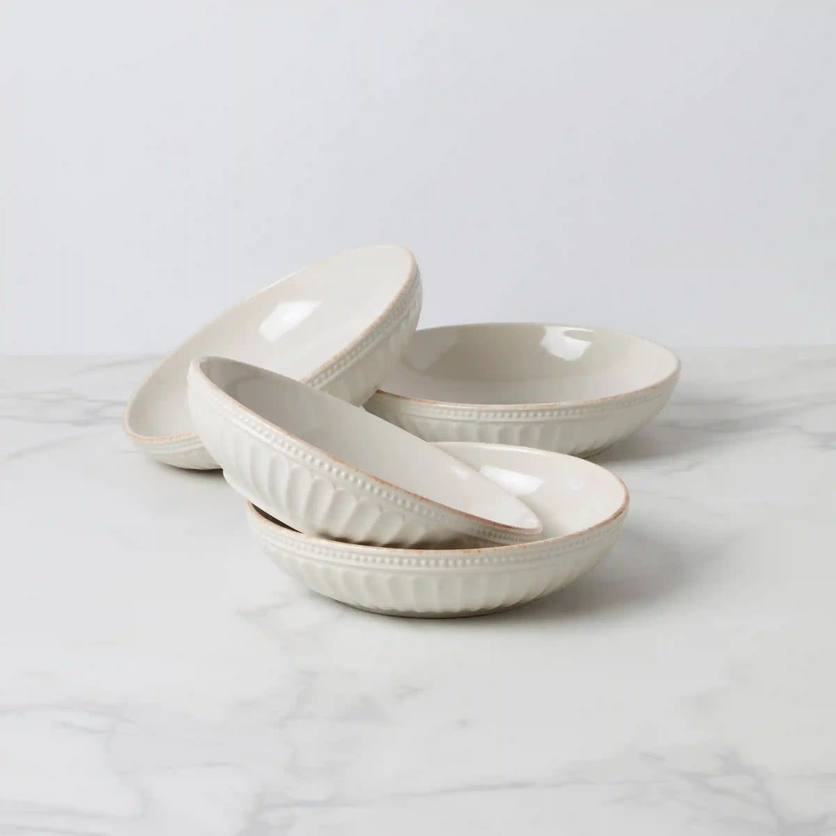 French Perle Groove White Pasta Bowls, Set of 4